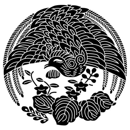 Oriental pattern with birds and flowers. Black and white vector illustration.のイラスト素材