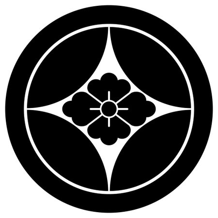 Black and white floral circle icon, isolated on white background. Vector illustration.のイラスト素材