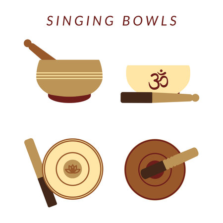 Set of four tibetan singing bowls isolated on white backgrond. Healing msic and meditation. Vector flat illustration.のイラスト素材