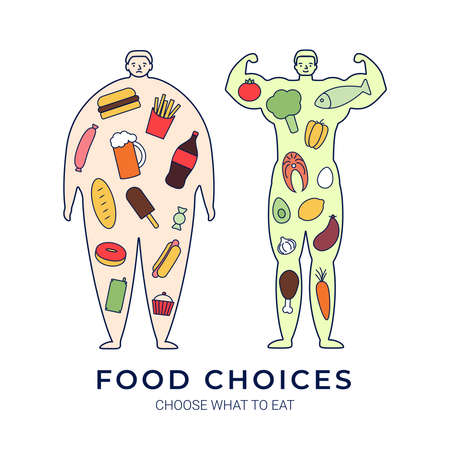Two human shilouettes of men with different food insite - junk food and healthy. Owerweight and healthy figure. Obesity and sport lifestyle.のイラスト素材