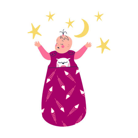 Baby girl sleeping with the nipple in a cute cozy sleeping bag surrounded by stars.のイラスト素材