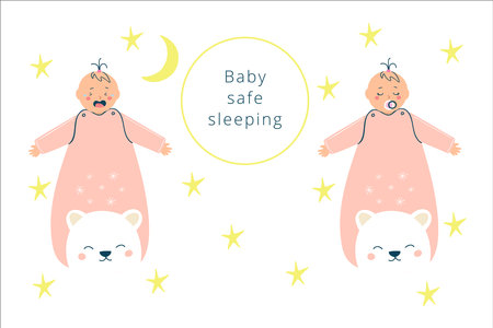Two baby girls in a cute cozy sleeping bag surrounded by starsのイラスト素材