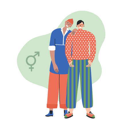 Two happy yound people standing together close. Androgynous teenagers.のイラスト素材