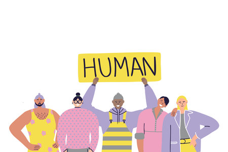 Group of happy androgynous transgender people. Gender neutrality concept, genderqueer. LGBTQ+ friendly society. Pride and freedom concept. Vector hand drawn flat illustration.のイラスト素材