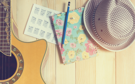 Summer Musician equipment, Guitar with Music notebookの写真素材