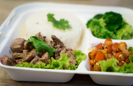 Healthy Beef with vegetable in a take out boxの写真素材