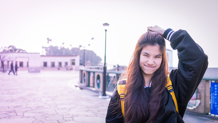Cute Long Japanese girl in Baseball jacketの写真素材