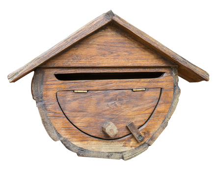 Wooden mailbox isolated on whiteの写真素材