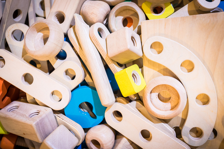 Basket of Wooden block construction block toys for child educationalの写真素材