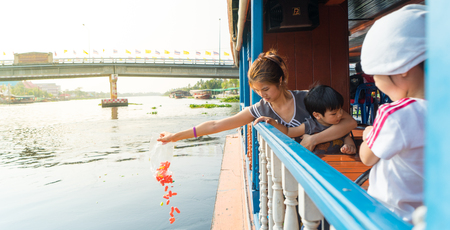 Family are feeing fish on a river boat, Bangkok.の写真素材