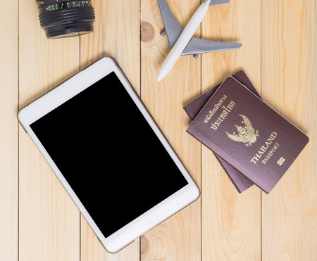 Air Travel Equipment with blank tablet screen copy space.の写真素材