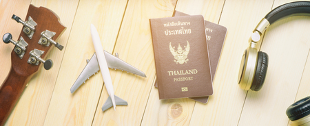Summer Travel objects and music objects. Summer Vacation travel preparation equipments.の写真素材