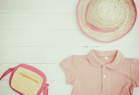 Little girl Fashion traveling objects flat lay summer vacation copy spaceの写真素材