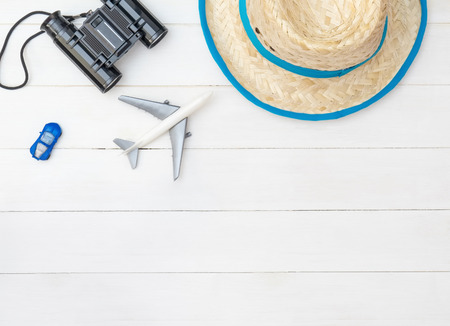 Summer Vacation Travel Objects concept on white table with copy spaceの写真素材