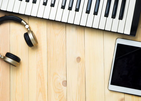 Music equipment with blank tablet screen with copy spaceの写真素材