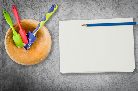 Bakery cooking equipment with notebook for recipe and massegesの写真素材