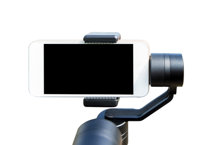 Smart phone with Blank screen on selfie stick isolated on white. The Blank screen on smart phone can be use to insert content and picture, while background can be any scene you desired.の写真素材
