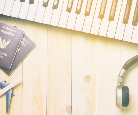 Music Band touring equipment with copy space on wood.の写真素材