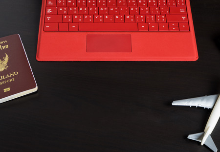 Air travel Computer online booking with copy space in middle.の写真素材