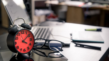 Messy graphic designer table with alarm clock for deadline reminder.