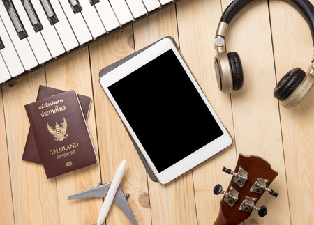 Travel Musician Summer Vacation equipments preparations.の写真素材