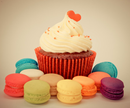 Chocolate Cupcake with valentine heart and macaronの写真素材