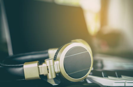 Golden Headphone in Home Music Stationの写真素材