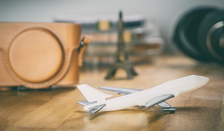 Europe travel blogger vintage equipment on wooden deskの写真素材