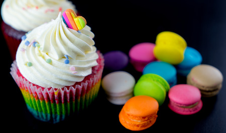 Colorful chocolate cupcake with macarons
の写真素材