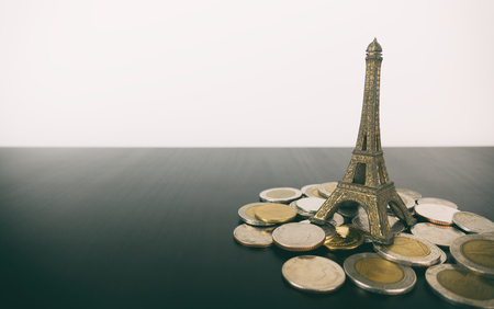 Saving travel money for Paris France Vacation copy spaceの写真素材