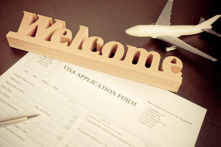 Filling travel Visa application form on arrival welcomeの写真素材