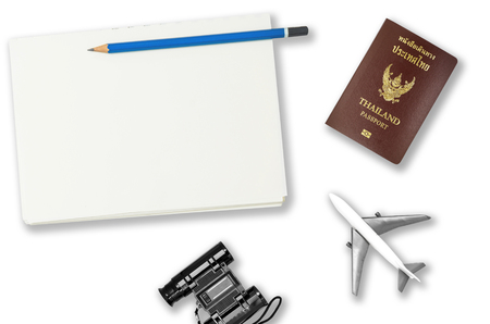Travel Blogger writing equipment isolated on whiteの写真素材