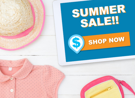 Online store is having summer sale on tablet screenの写真素材