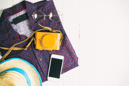 Summer travel fashion and accesories with copy spaceの写真素材