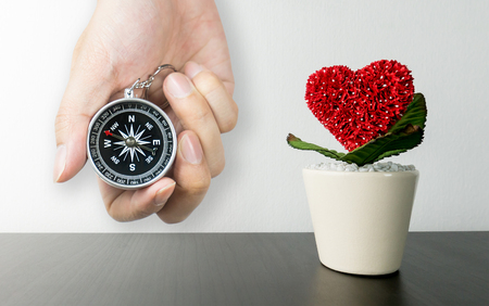 Heart shaped Flower pot on black desk with compass for love directionの写真素材
