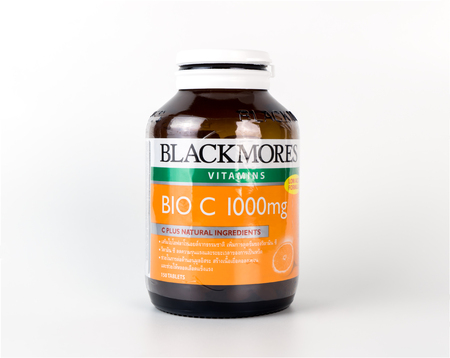 Bangkok, Thailand - April 22, 2017: A bottles of Blackmore's vitamin C isolated on white backgorund.のeditorial素材