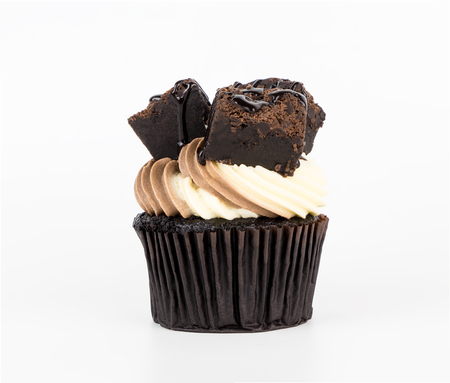 Chocolate brownie cupcake isolated on white backgroundの写真素材