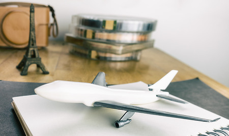 Aeroplane and vintage travel equipment to Parisの写真素材