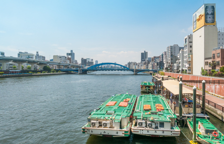 Tokyo, Japan - May 5, 2017: River Boats are docking on Sumida river side.のeditorial素材