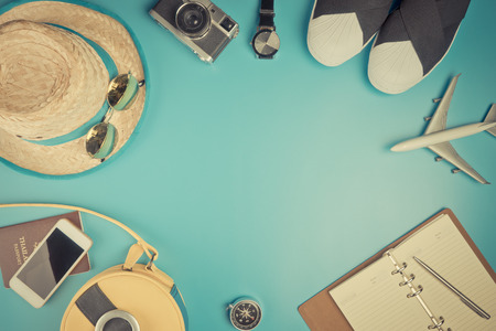 Travel fashion and accessories on blue vintage copy spaceの写真素材