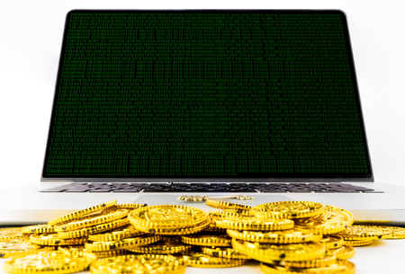 Computer screen with matrix and Golden money business concept.の写真素材