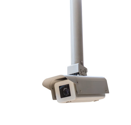 Ceiling hanging surveillance camera isolated on white