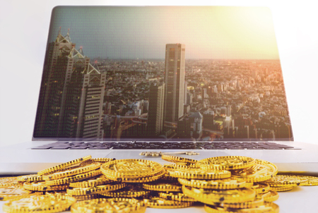Double Explosure on Computer with gold for Business concept.の写真素材