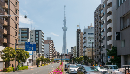 Tokyo; Japan - May 5; 2017: Cars are traveling in Sumida Street to Tokyo Skytree.のeditorial素材