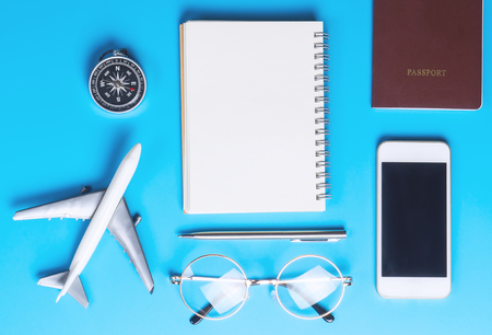 Travel Blogger writer accessories on blue backgroundの写真素材
