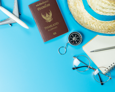 Summer travel accessories and fashion on blue copy spaceの写真素材