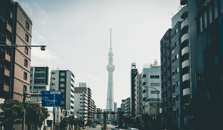 Tokyo; Japan - May 5; 2017: Cars are traveling in Sumida Street to Tokyo Skytree.のeditorial素材