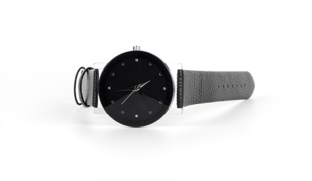 Black luxury leather hand watch isolated on whiteの写真素材