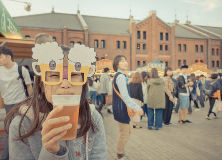 Tokyo, Japan - May 6, 2017: People are drinking beer in Beer Festival in Yokohama Red Brick warehouse.のeditorial素材