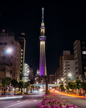 Tokyo, Japan - May 2, 2017: The Tokyo Skytree is lighten up at night.のeditorial素材